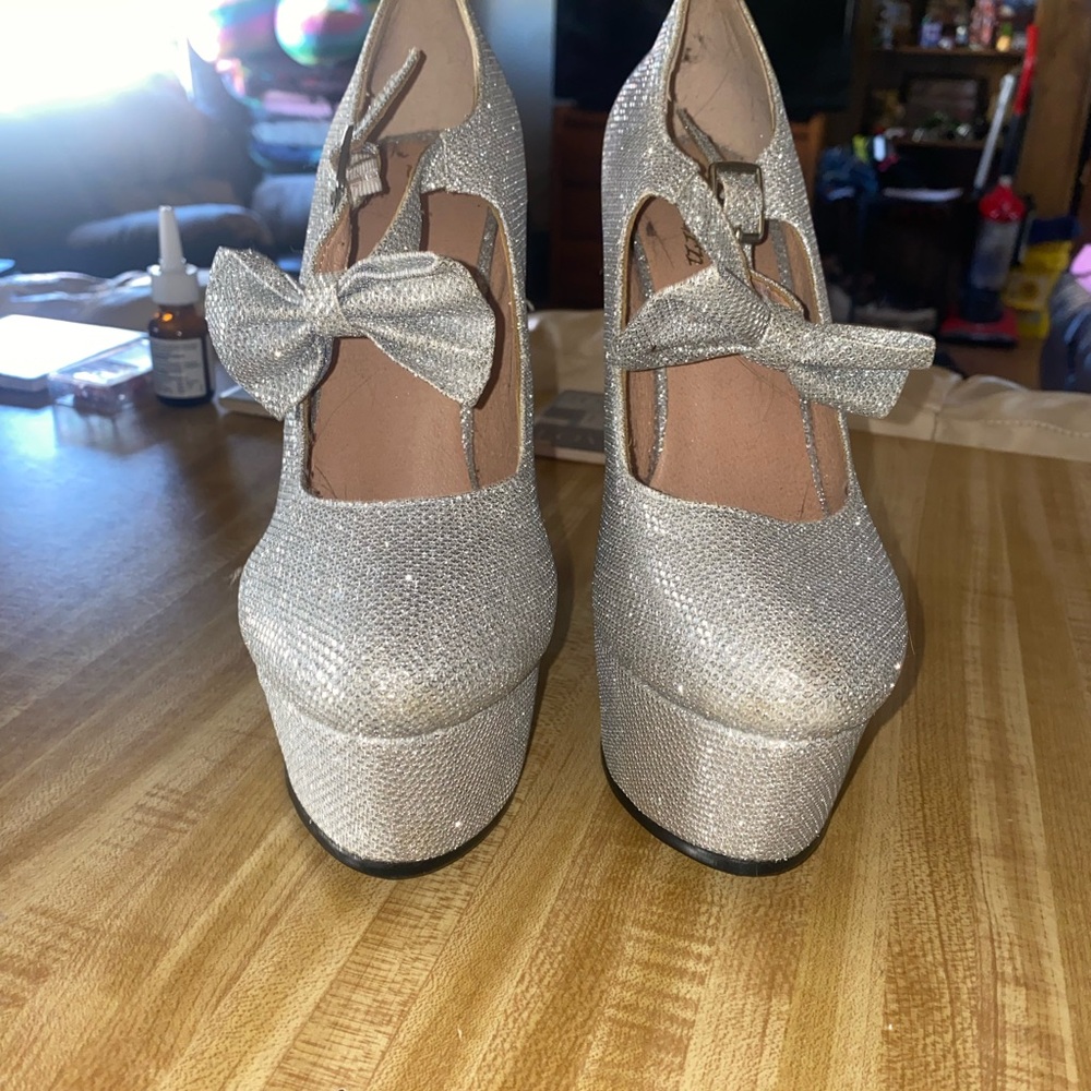 Silver Platform Heels with Bow and Ankle Strap
